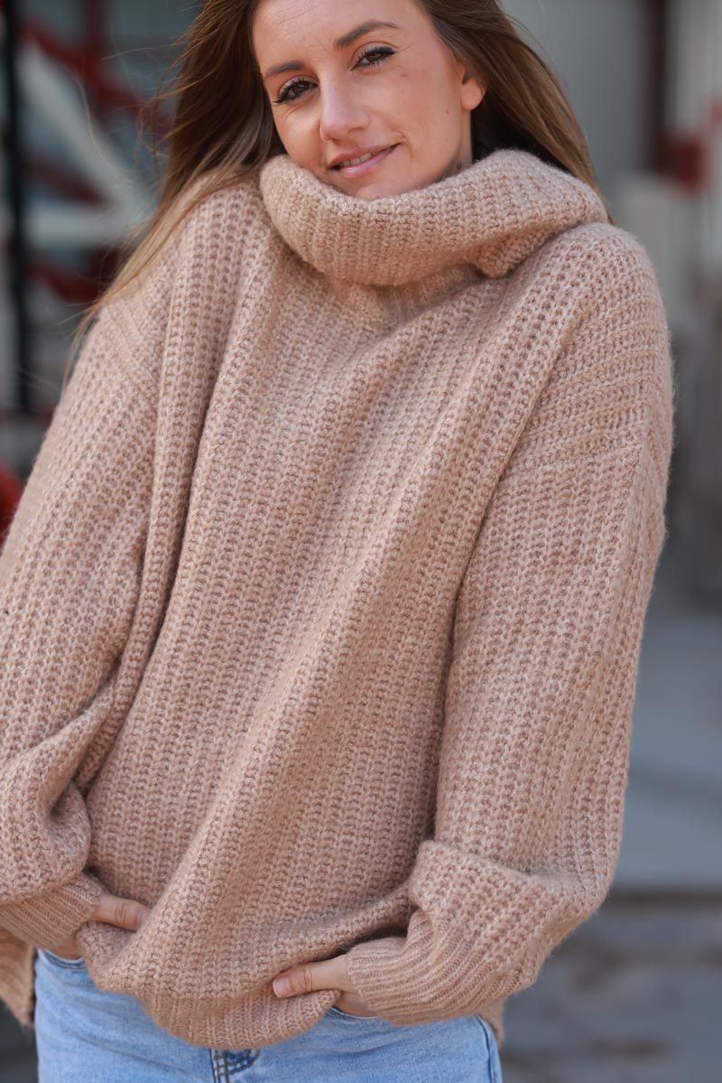 Camel Chunky Knit Turtleneck Sweater