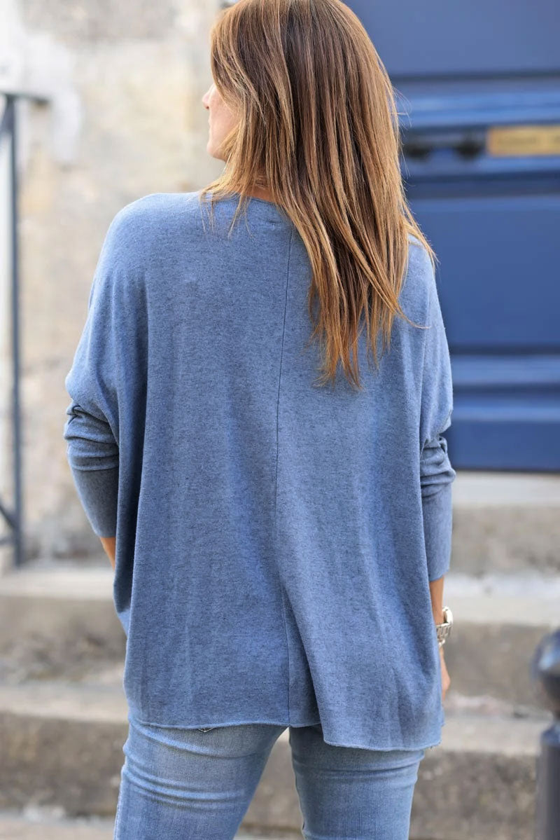 Pull coloré ample stretch bleu jean col v petite étoile sequins vêtement grande taille pour femme C176