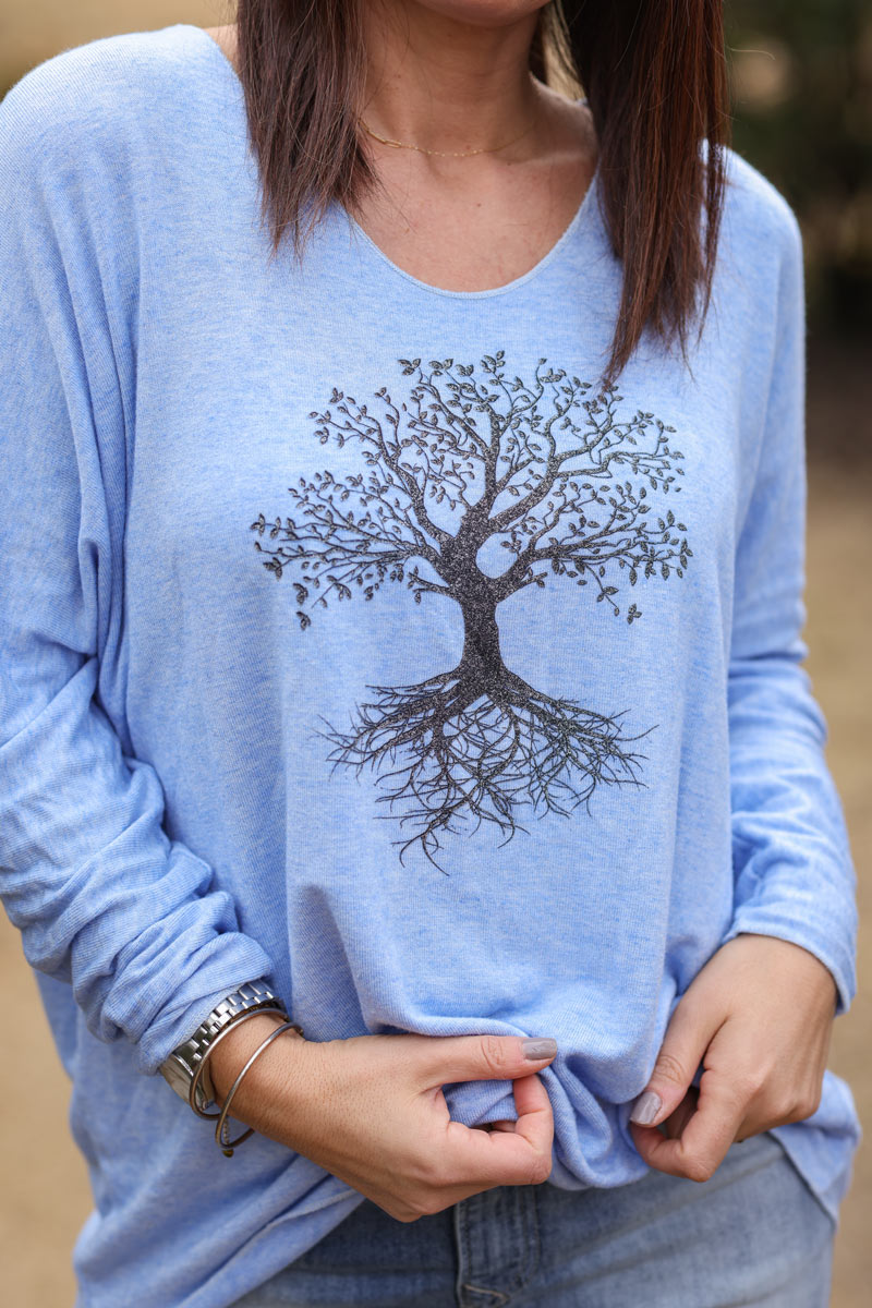 Sky blue light weight sweater with tree of life print