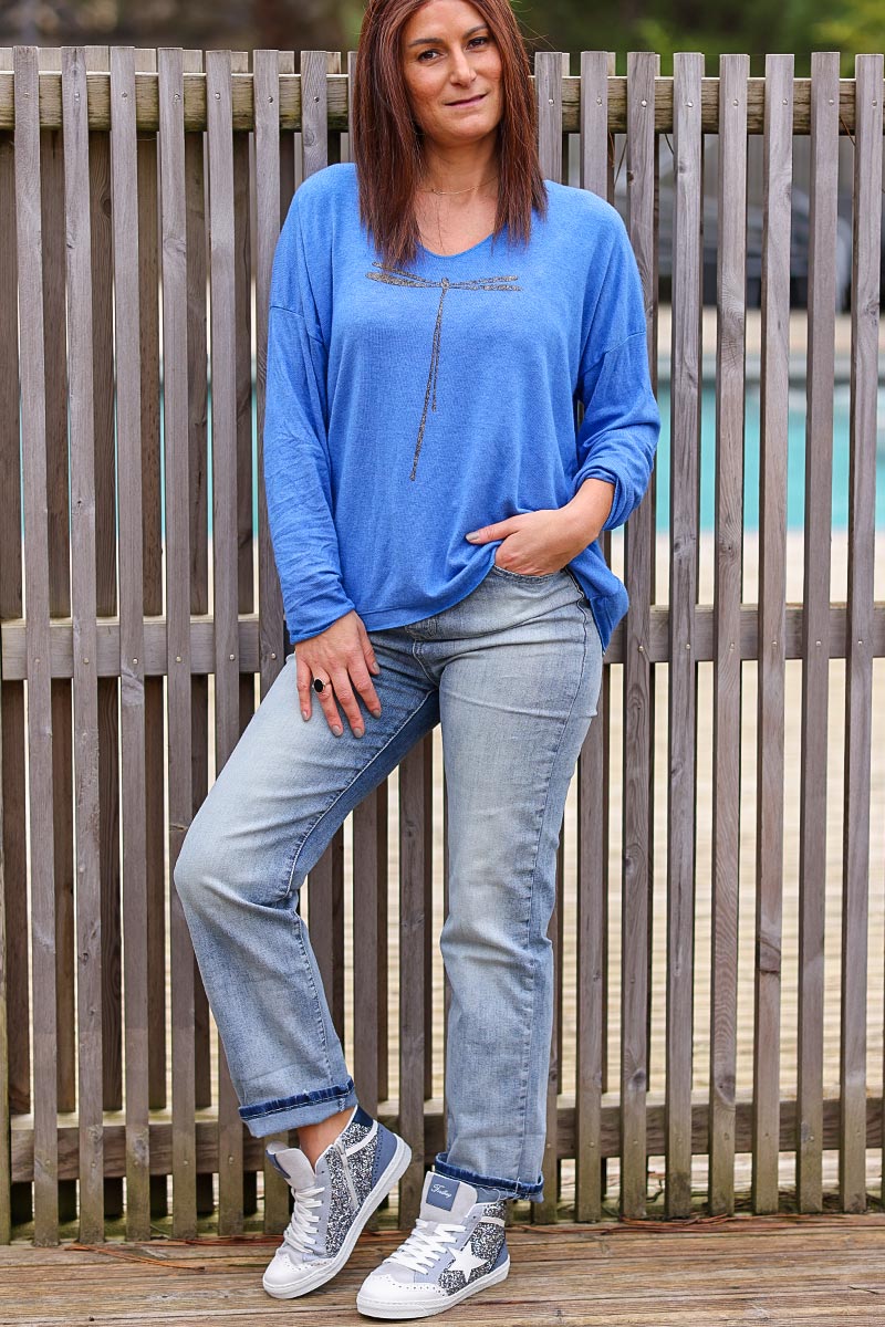 Royal Blue Light Weight Soft Sweater Glitter Dragon Fly