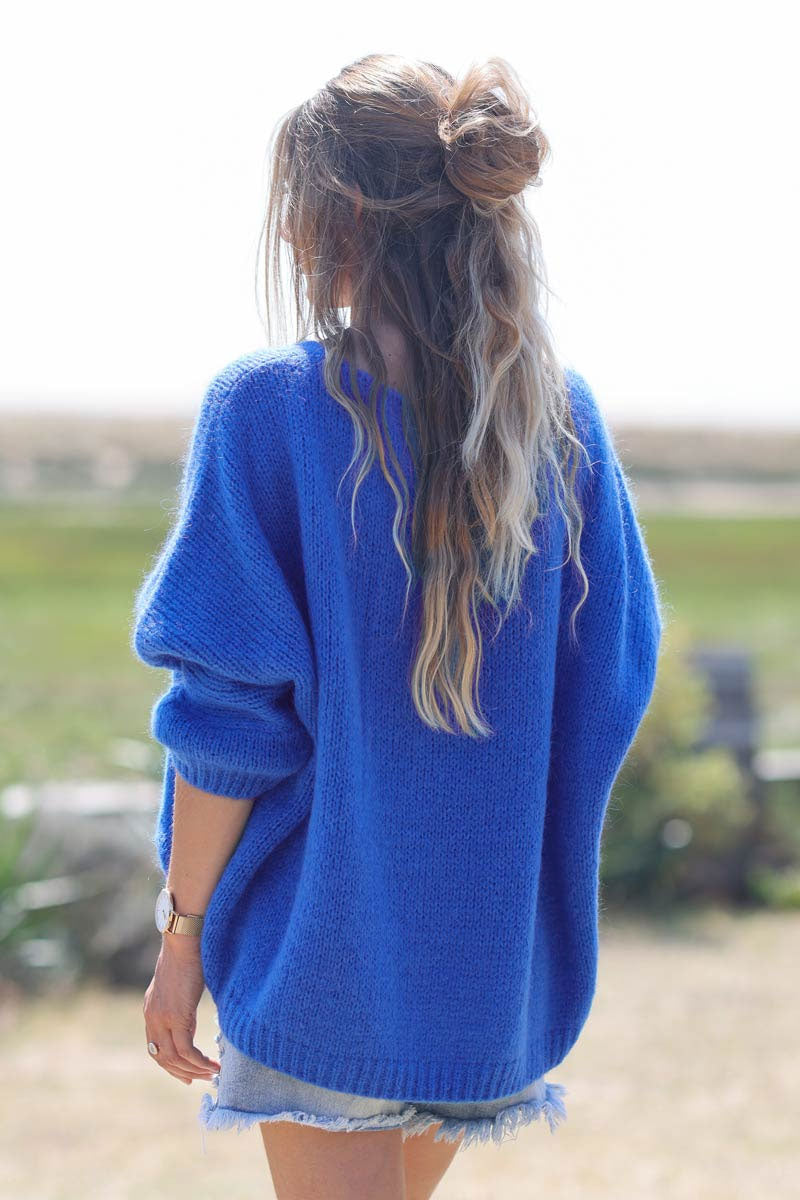 Royal blue woollen v-neck jumper with batwing sleeves