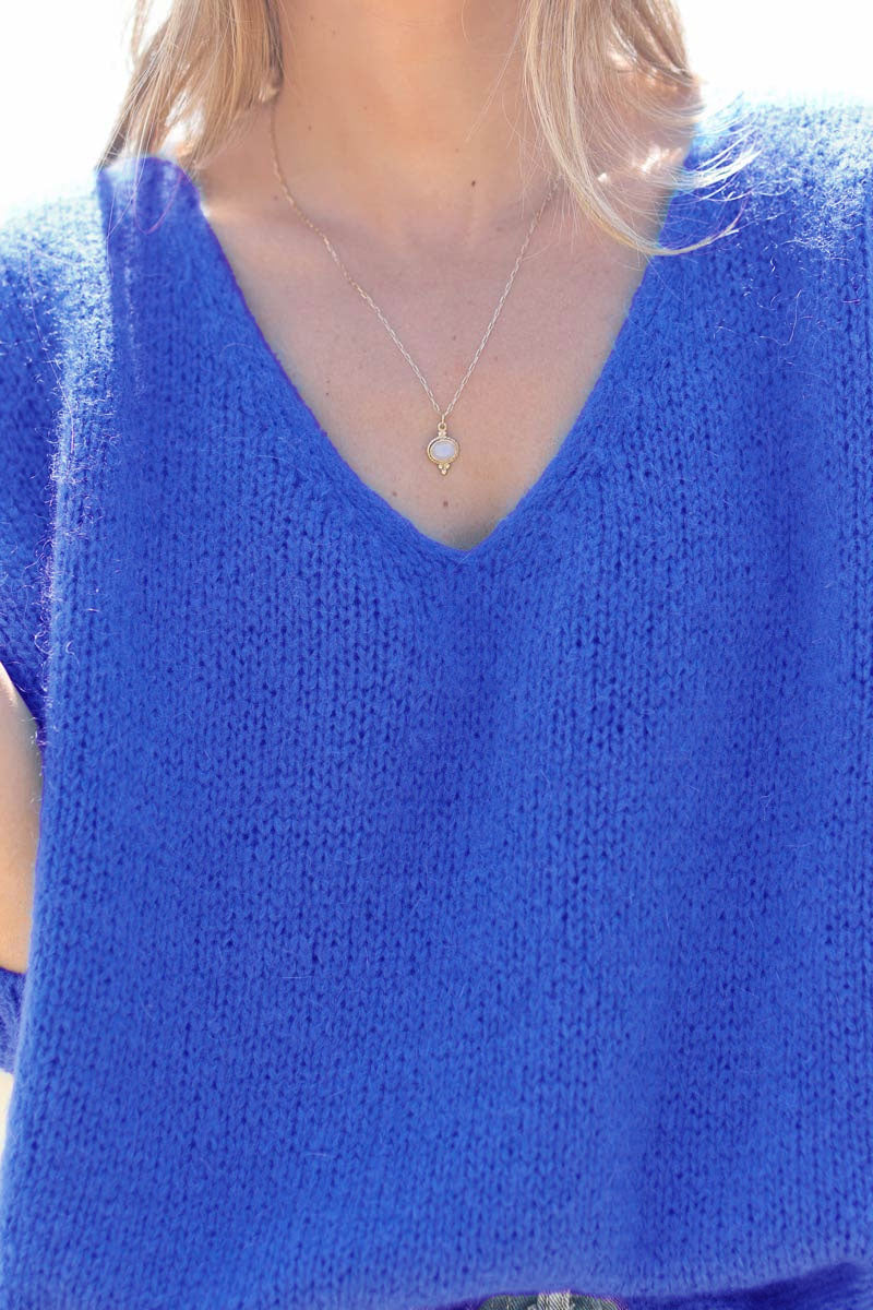 Royal blue woollen v-neck jumper with batwing sleeves