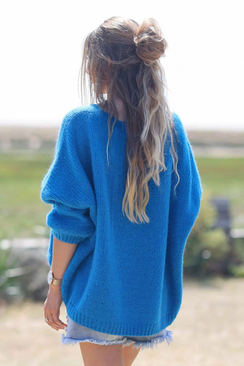 Royal blue Woollen v-neck Jumper with Batwing sleeves