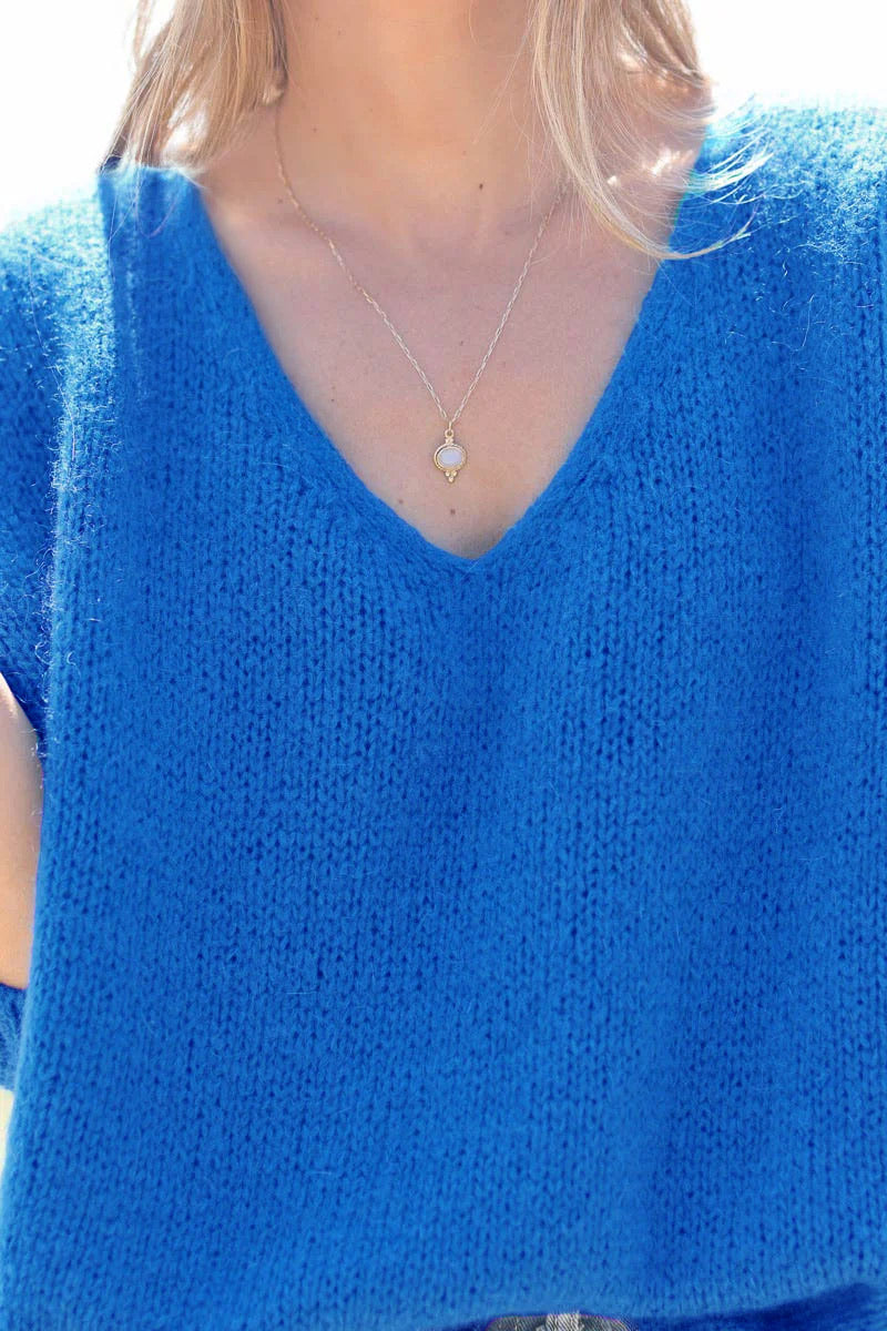 Royal blue Woollen v-neck Jumper with Batwing sleeves