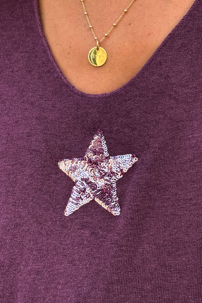 Pull aubergine col V petite étoile sequins