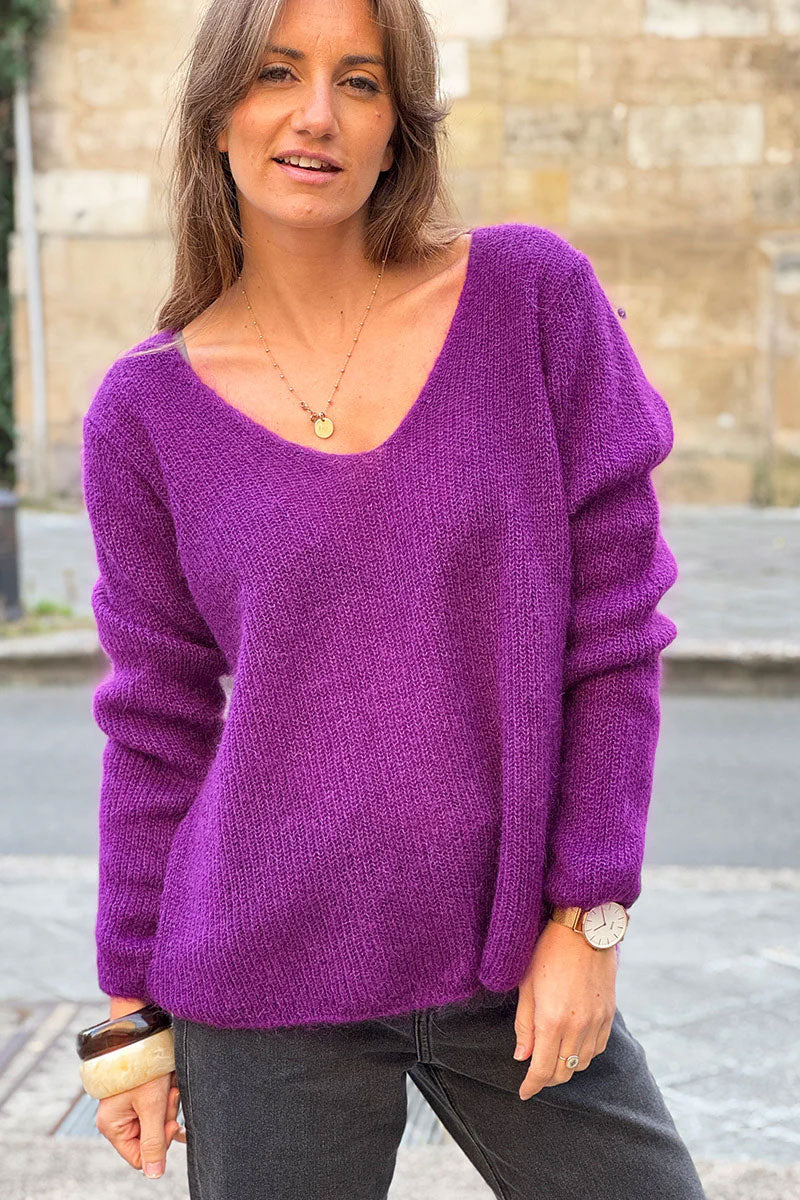 Slim Fit V-neck Grape Mohair Blend Sweater