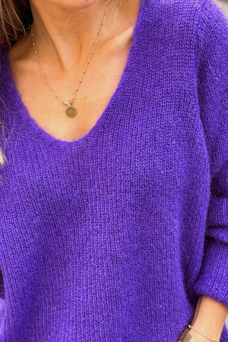 Slim Fit V-neck Purple Mohair Blend Sweater