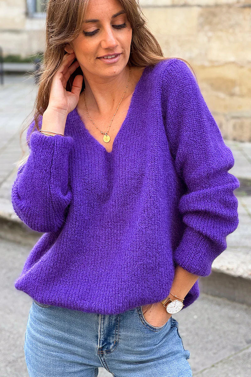 Slim Fit V-neck Purple Mohair Blend Sweater