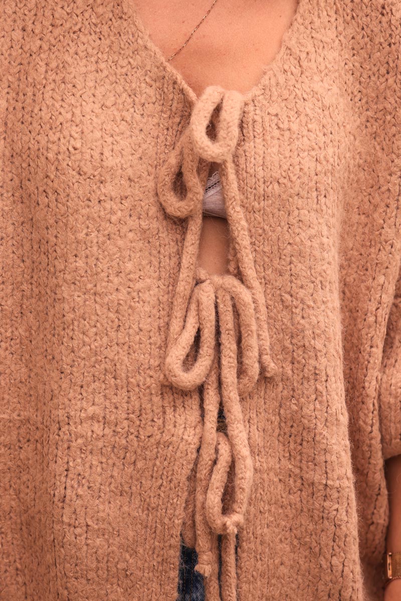 Camel chunky soft knit tie front sweater