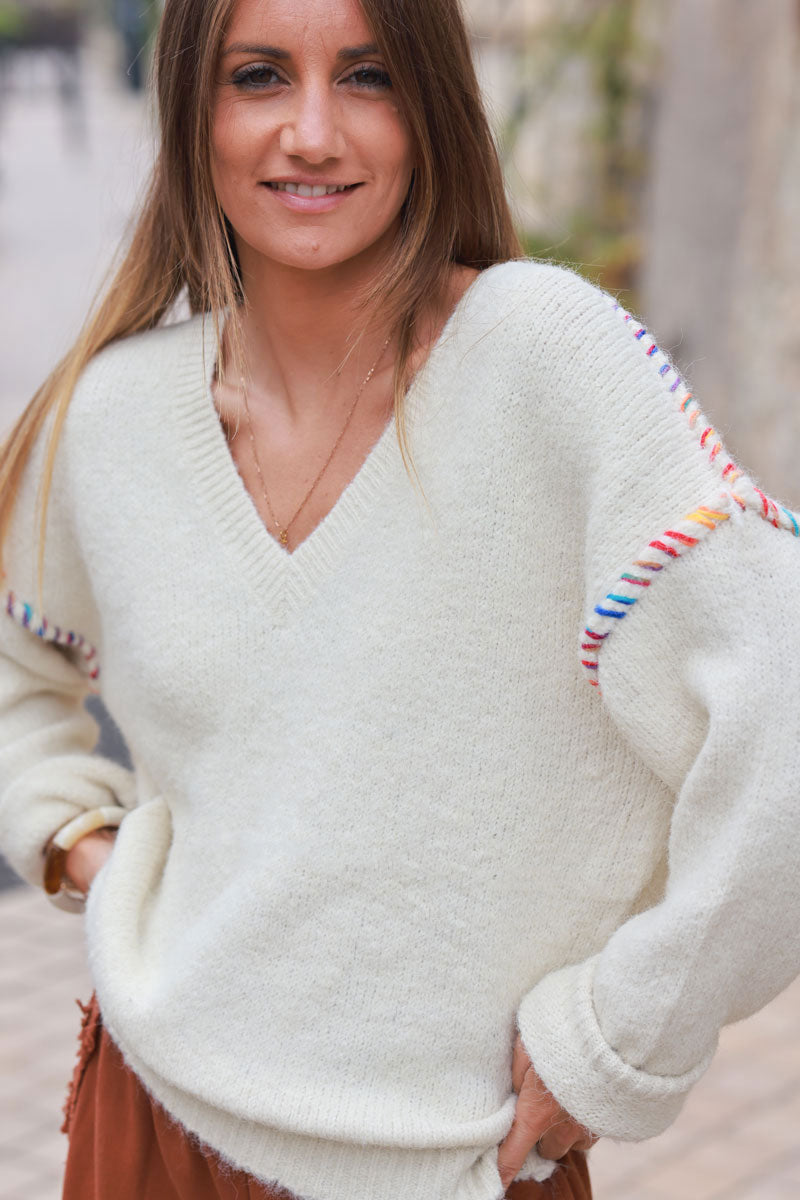 Ecru chunky knit sweater with colorful stitch detail