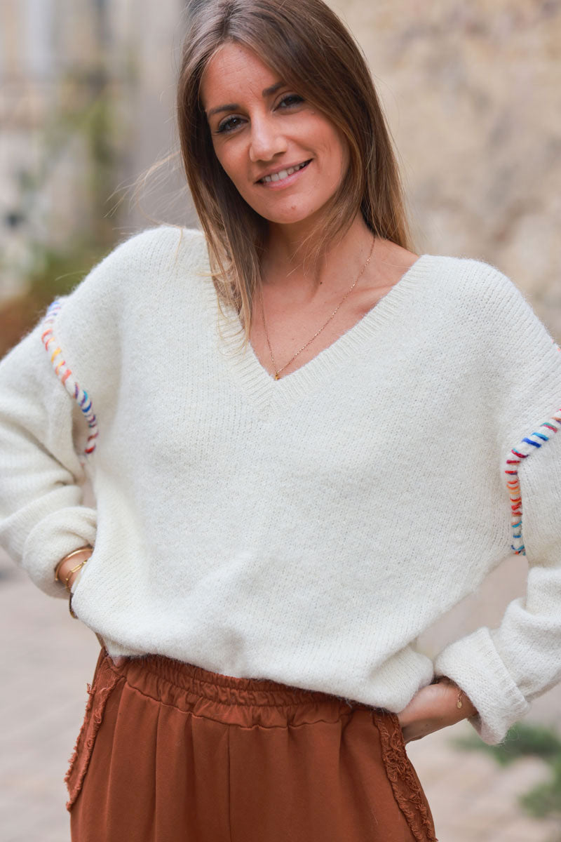 Ecru chunky knit sweater with colorful stitch detail