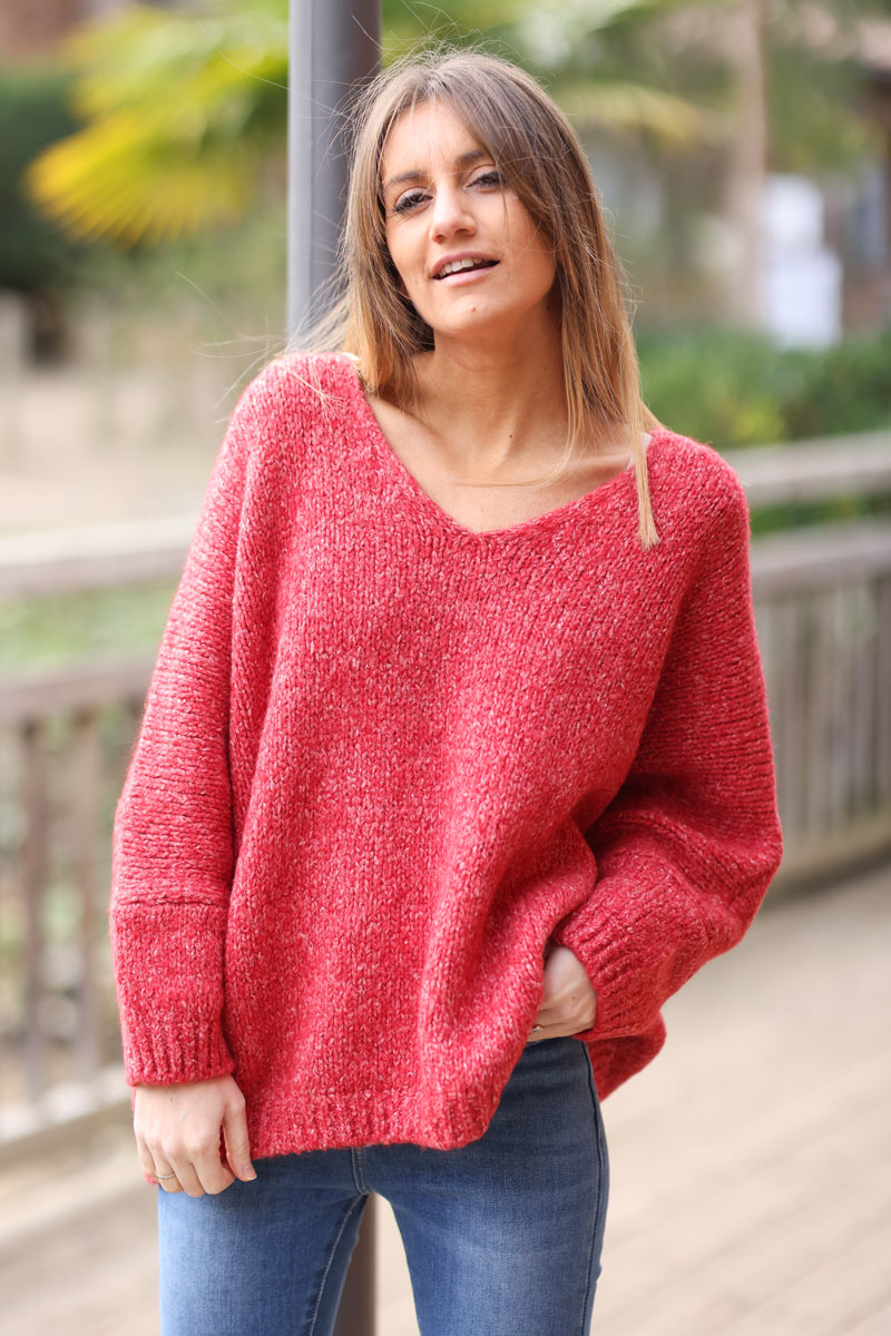 Chunky soft knit sweater in heather red batwing sleeve Horizons