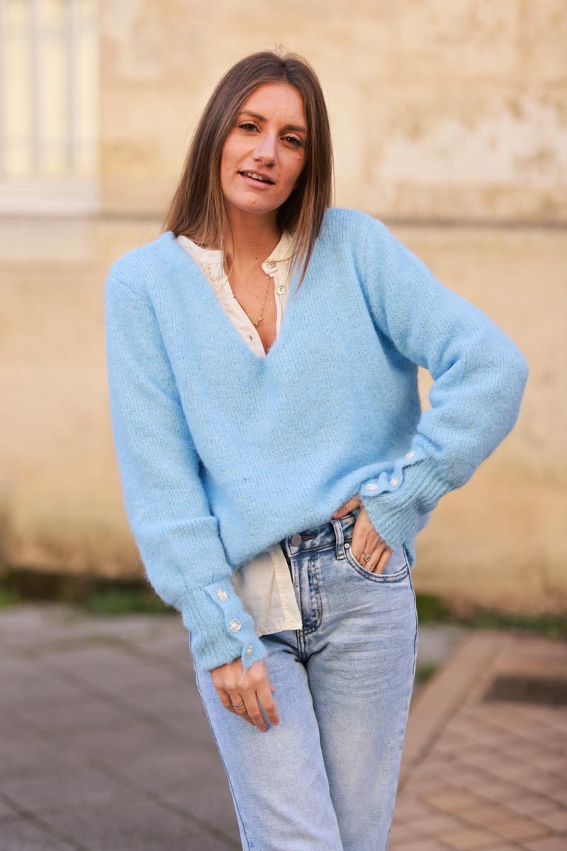 Baby Blue Soft Knit V-Neck Sweater with Button Cuffs
