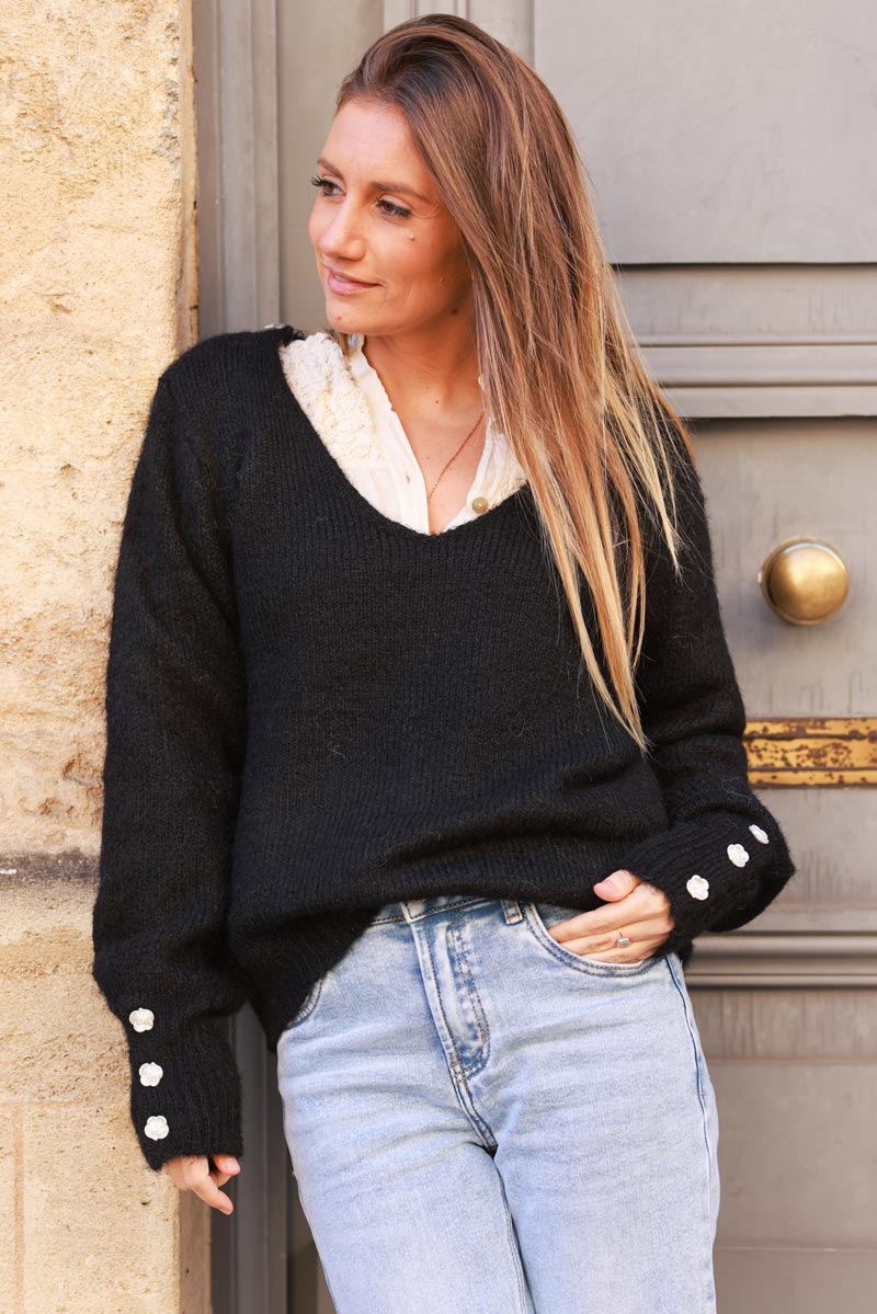 Black Soft Knit V-Neck Jumper with Button Cuff