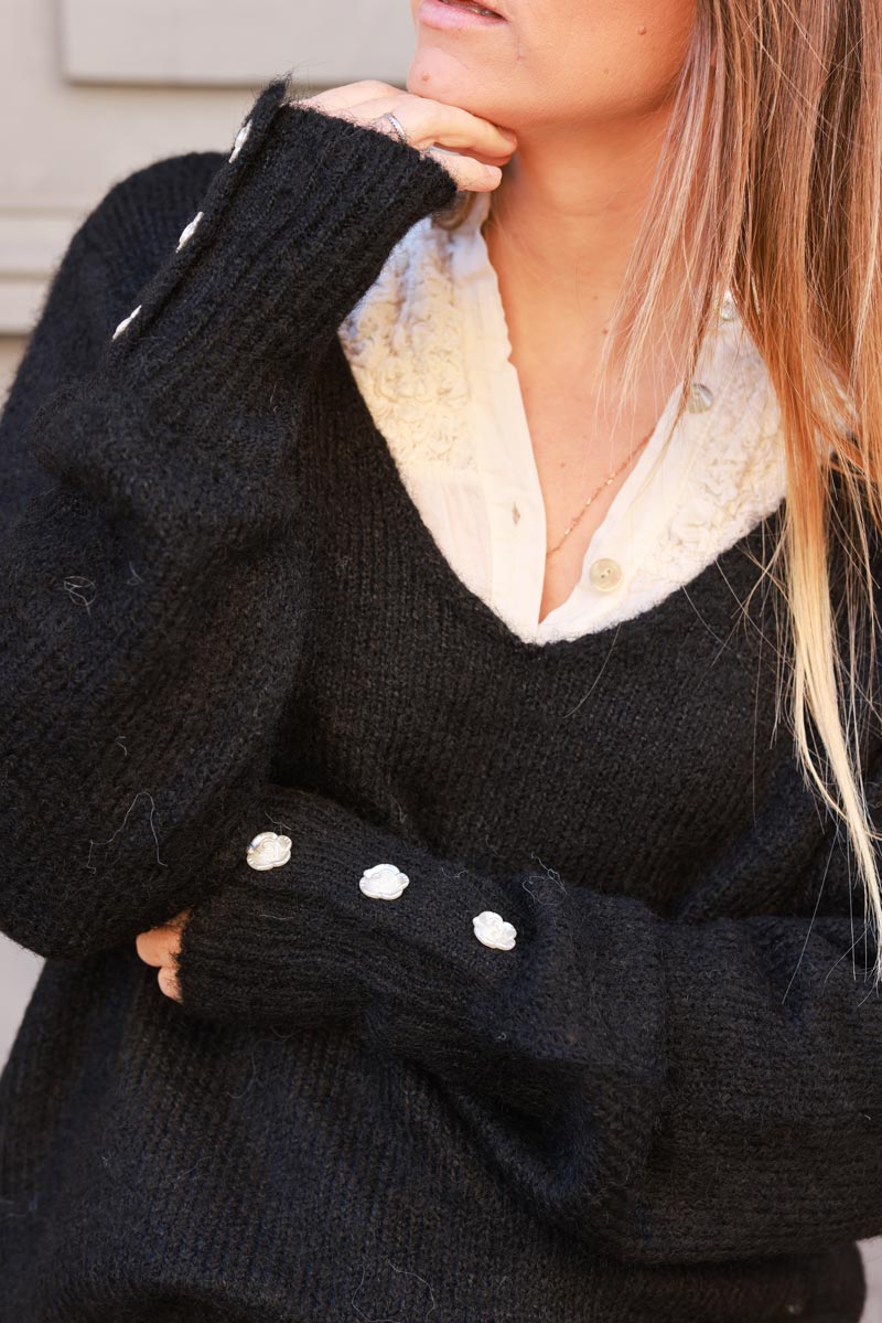 Black Soft Knit V-Neck Jumper with Button Cuff