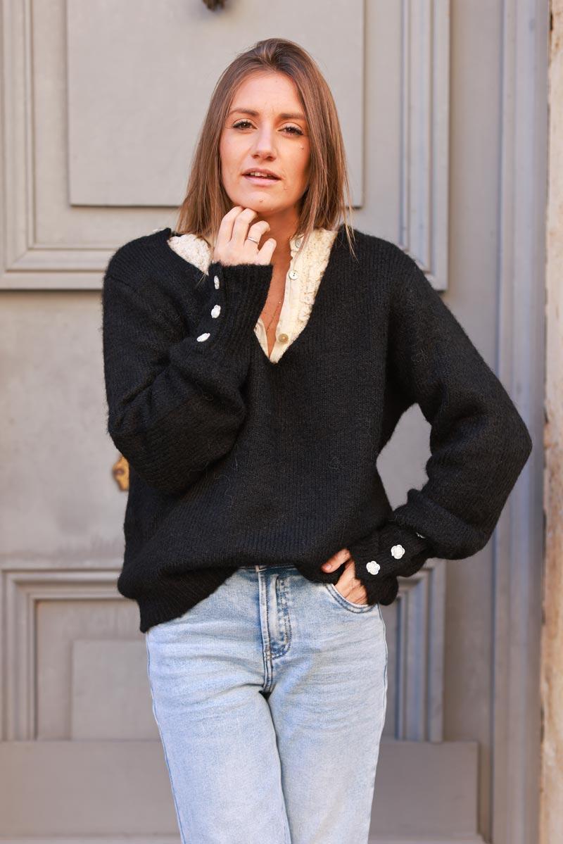 Black Soft Knit V-Neck Jumper with Button Cuff