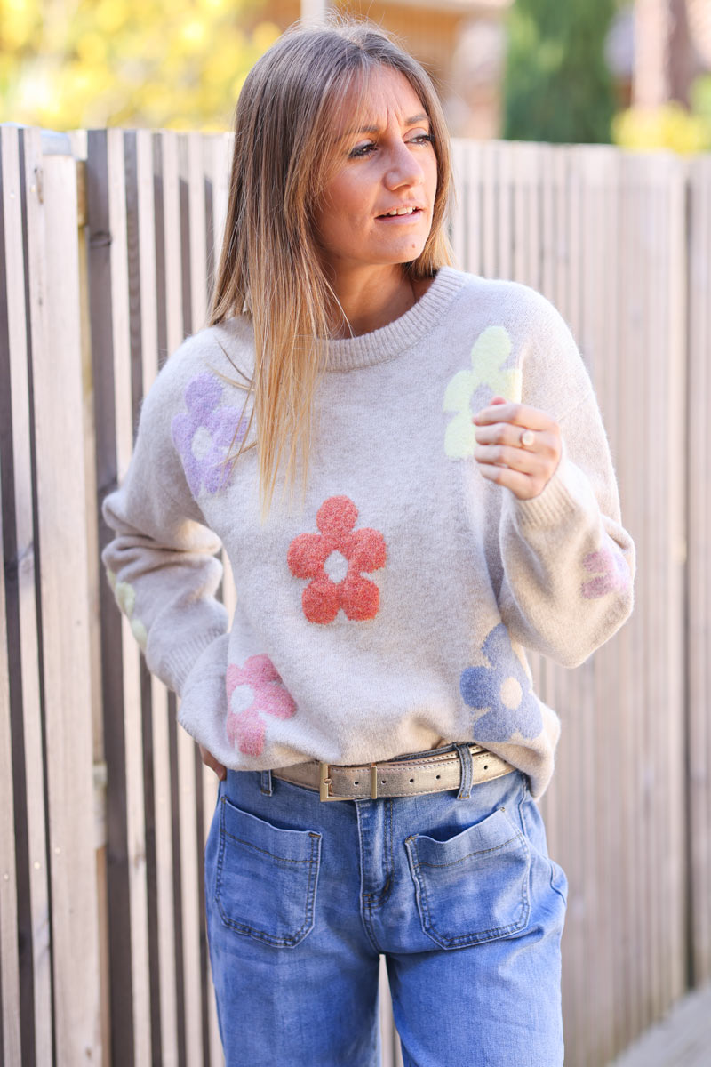 Beige soft knit round neck sweater floral pastel colours