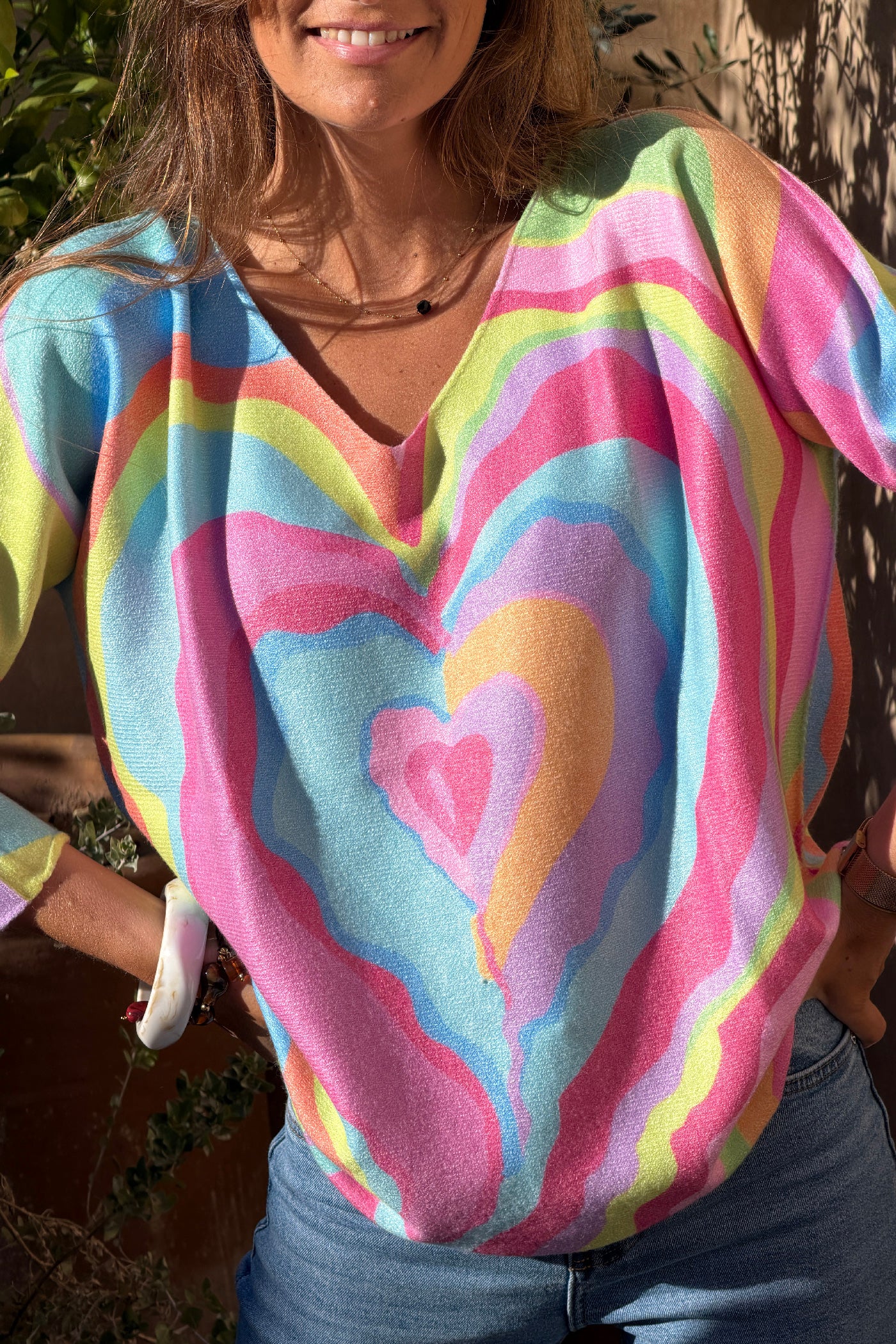 Rainbow Heart Knit V-Neck Top