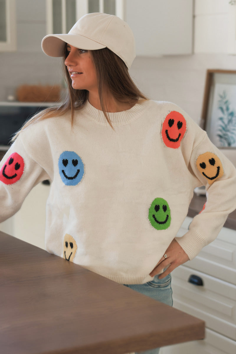 Pull doux écru motif smileys multicolores col rond côtelé