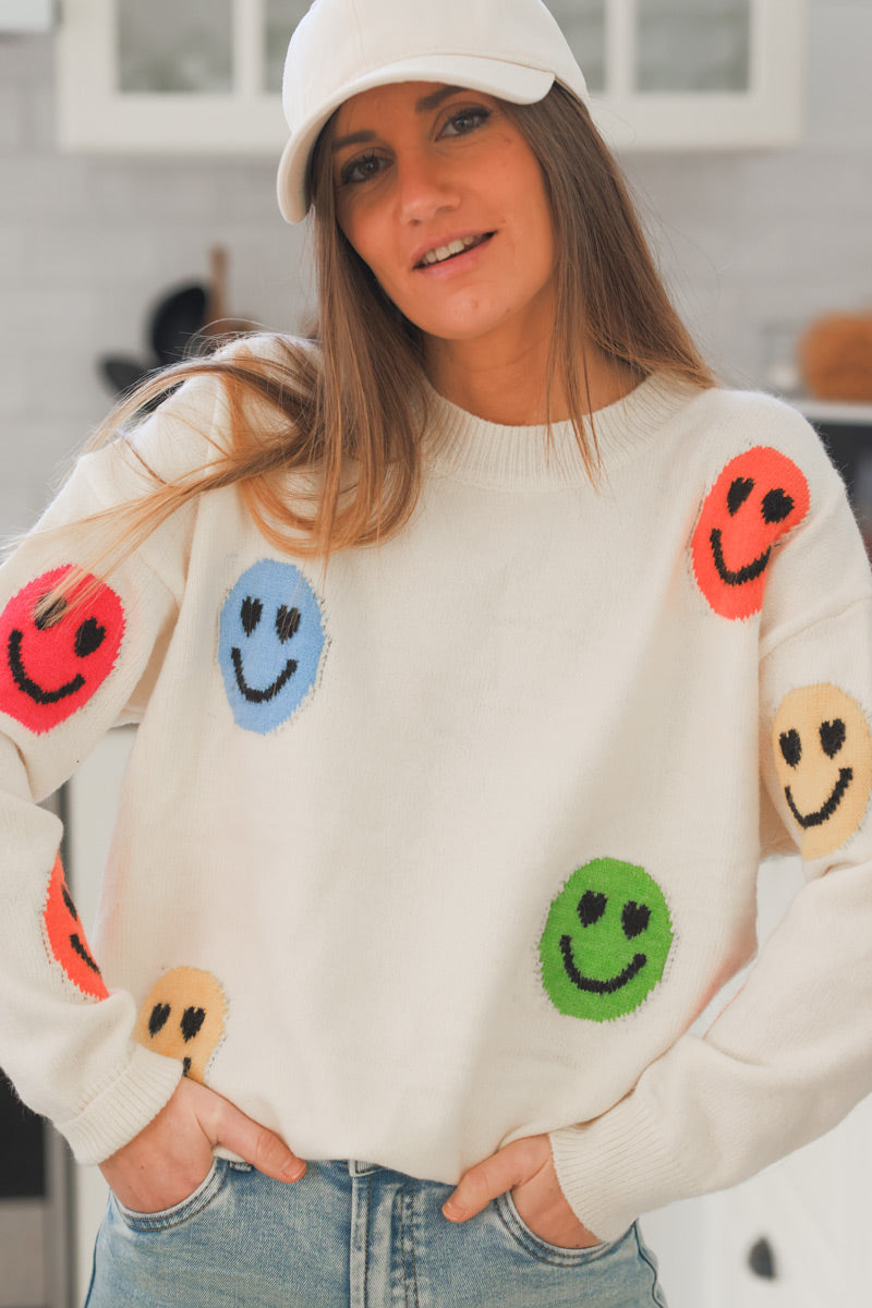 Pull doux écru motif smileys multicolores col rond côtelé