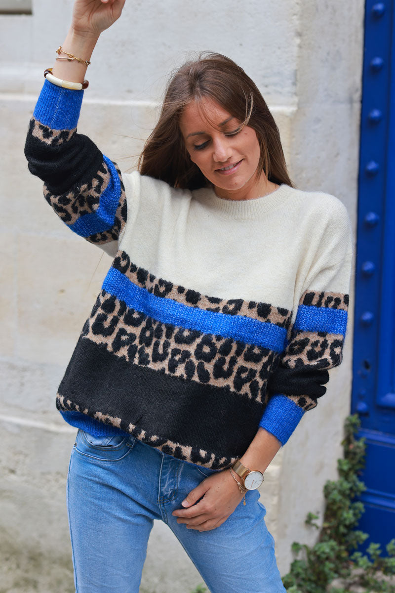 Soft ecru sweater with black and royal blue leopard stripes