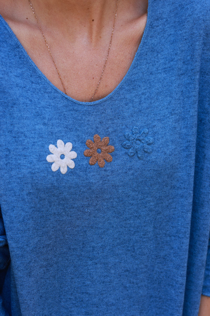 Dusty blue soft jersey jumper with trio flower in white camel and blue