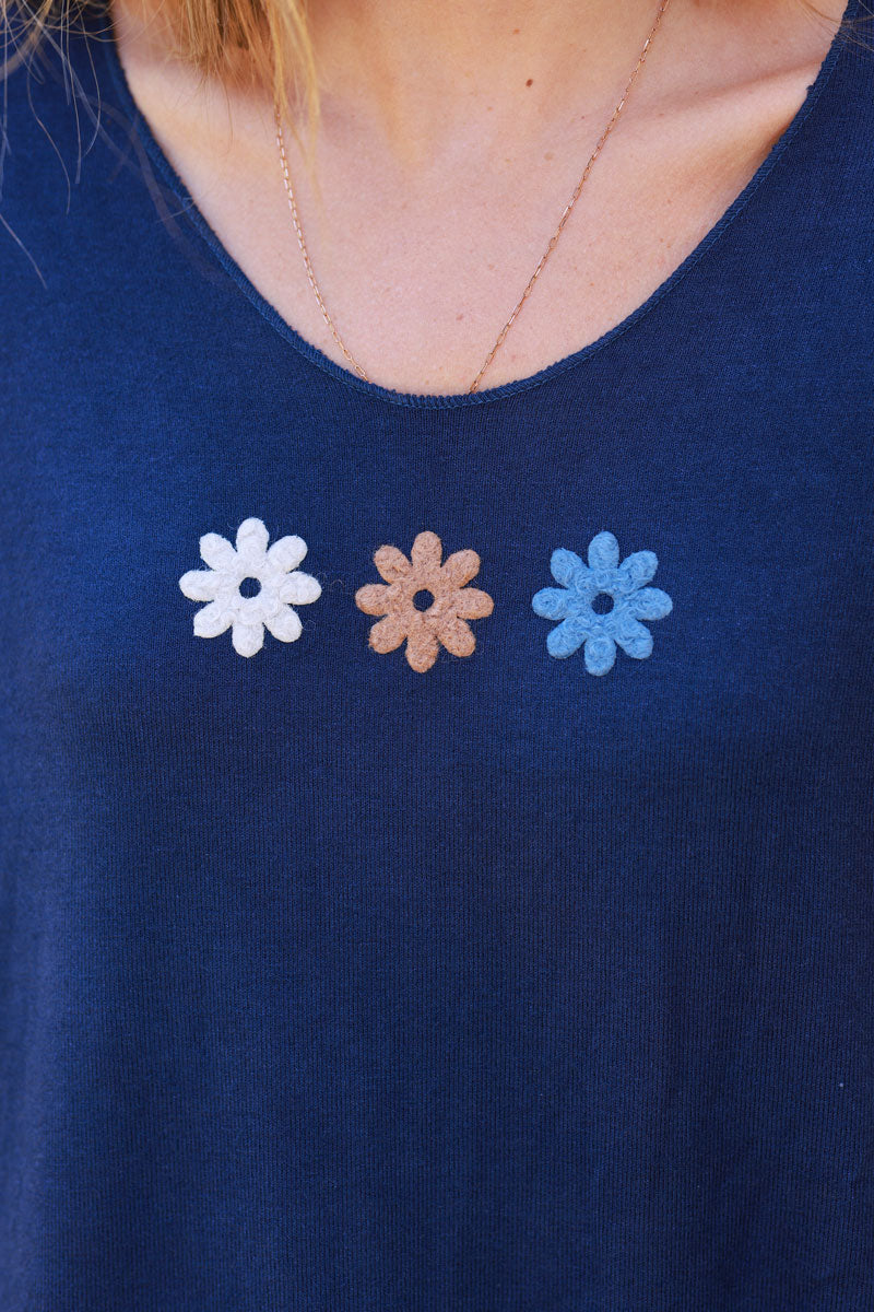 Navy blue soft jersey jumper with trio flower in white camel and blue