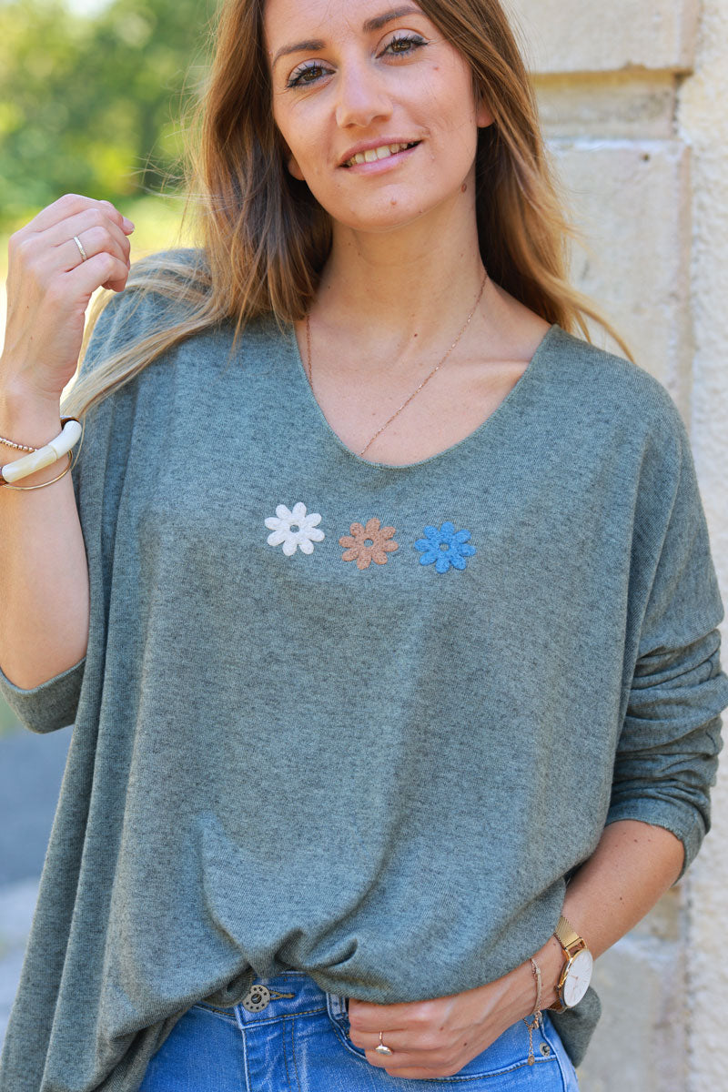 Khaki soft jersey jumper with trio flower in white camel and blue