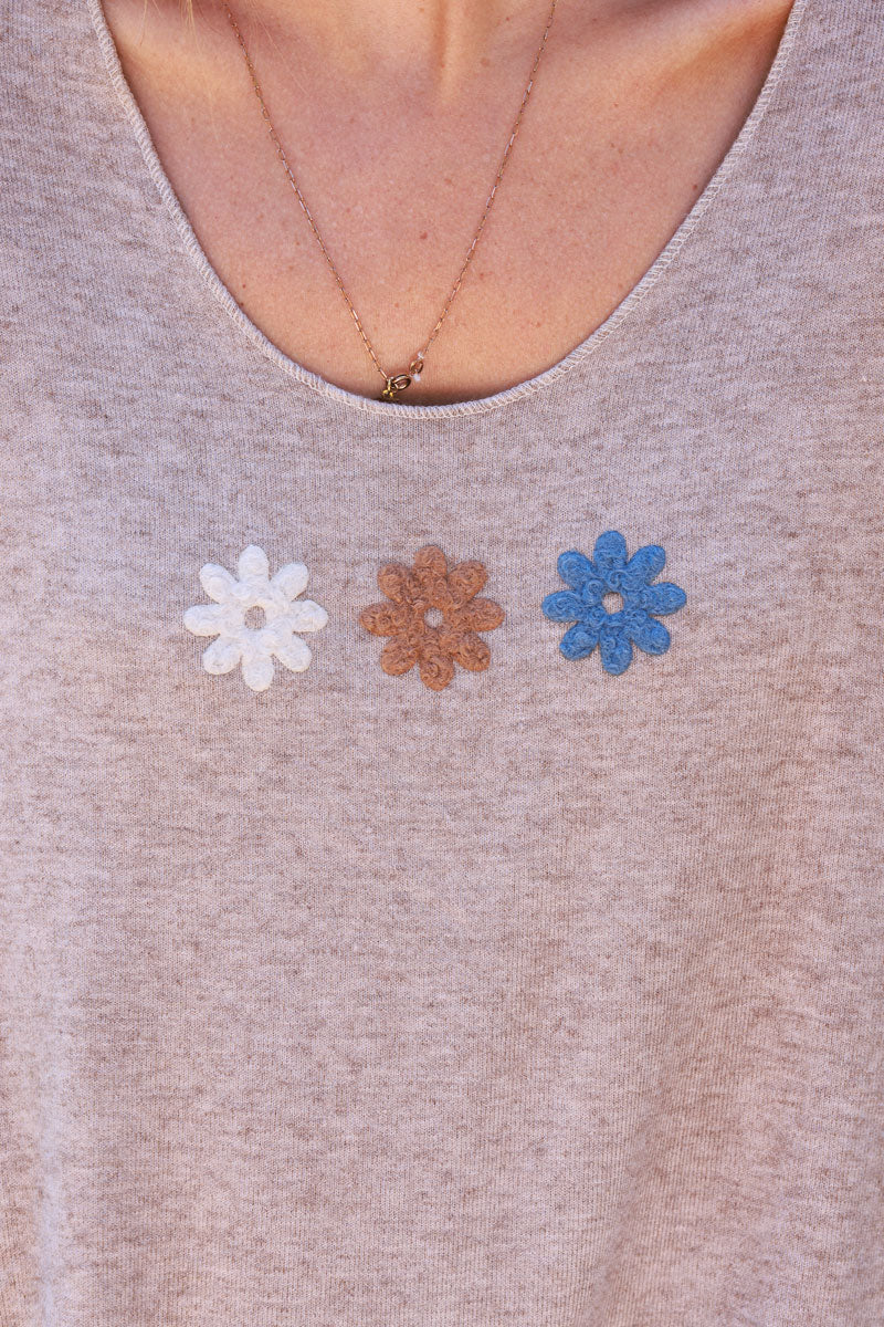 Heather brown soft jersey jumper with trio flower in white camel and blue