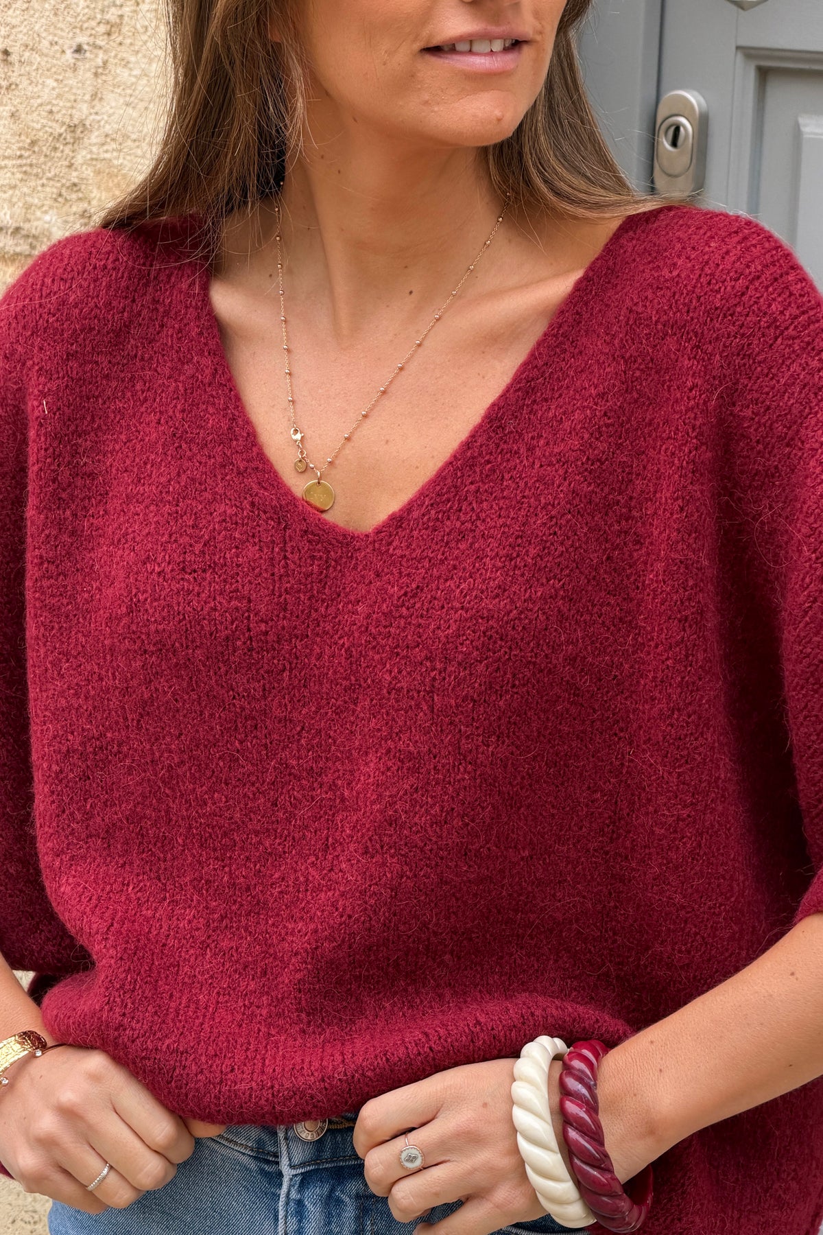 Burgundy Fuzzy Knit V-Neck Dolman Sweater