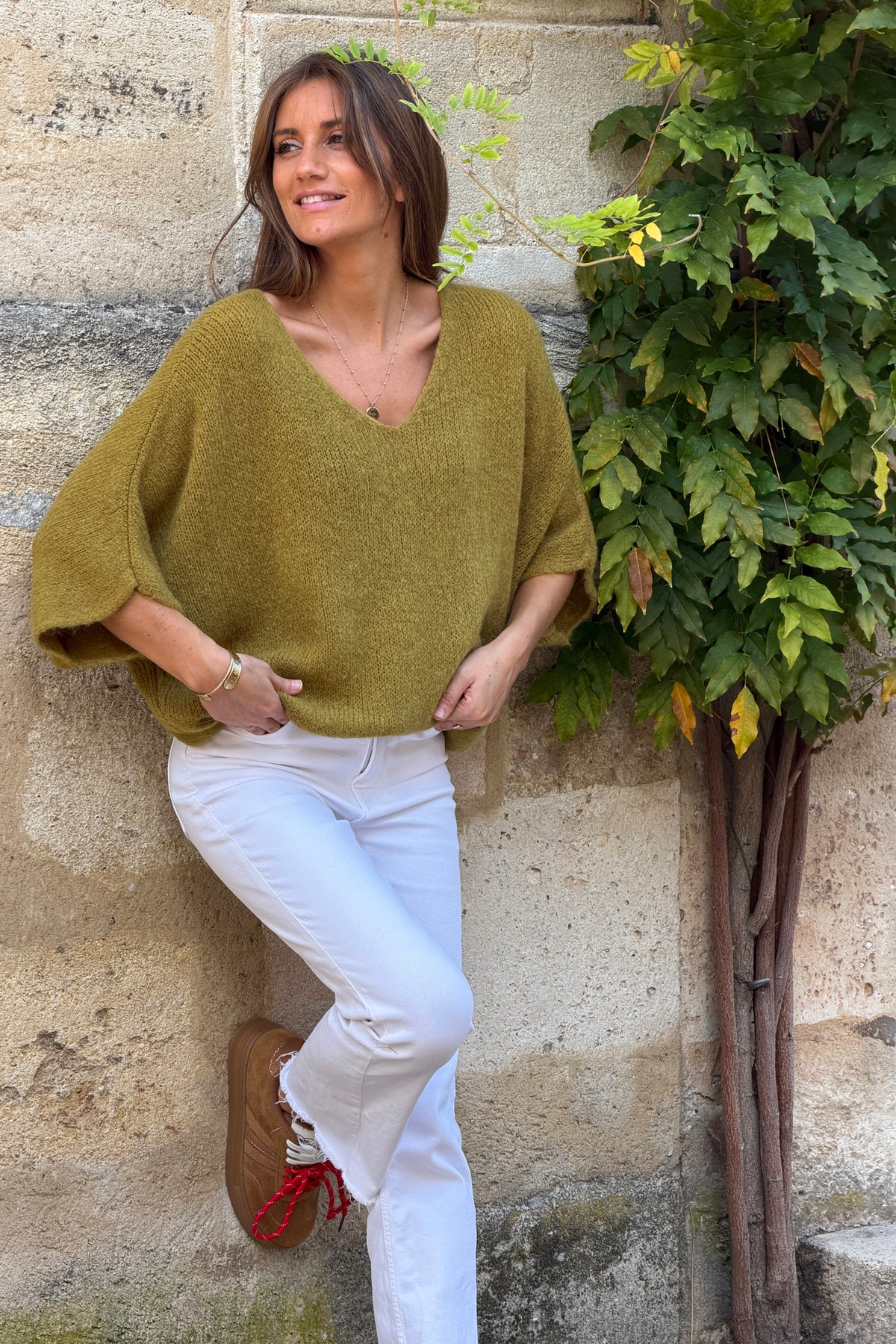 Olive Green Fuzzy Knit V-Neck Dolman Sweater