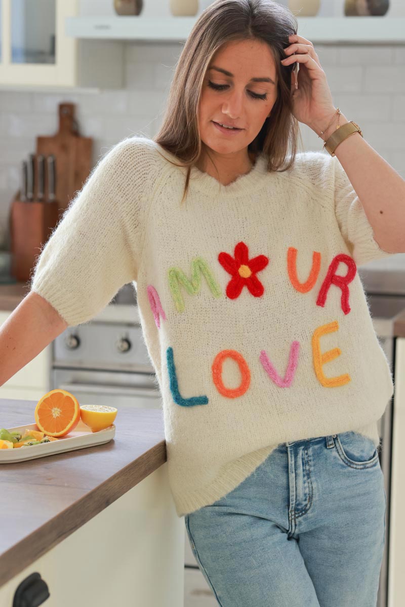 Cream “Amour Love” Half-Sleeve Sweater