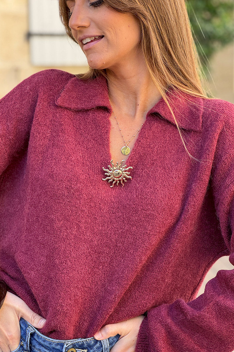 Pull doux et moelleux bordeaux baby alpaga avec col broche soleil dorée