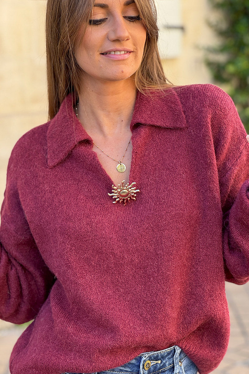 Pull doux et moelleux bordeaux baby alpaga avec col broche soleil dorée