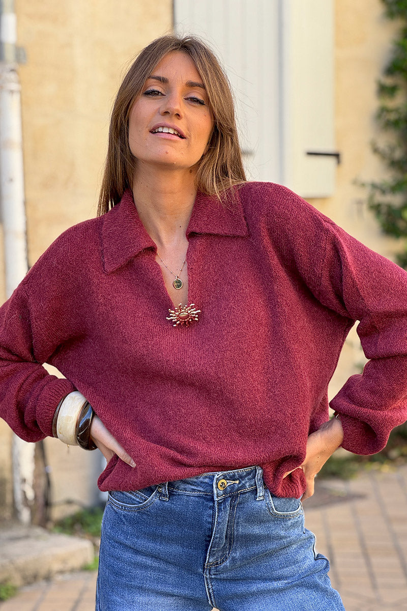 Pull doux et moelleux bordeaux baby alpaga avec col broche soleil dorée