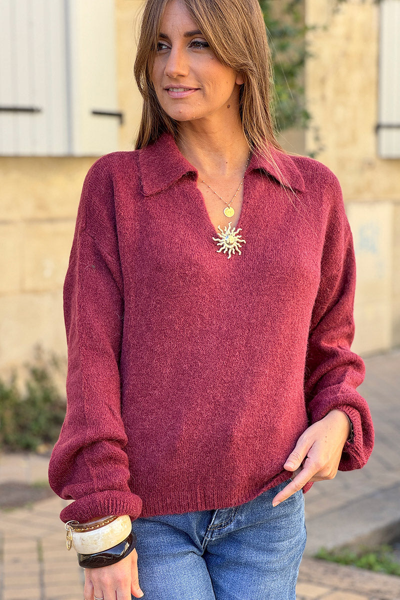 Pull doux et moelleux bordeaux baby alpaga avec col broche soleil dorée