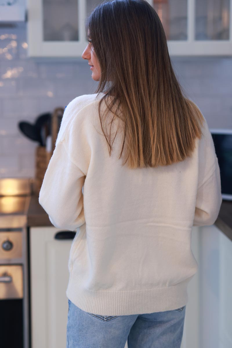 Cream and Blue Vine V-Neck Sweater