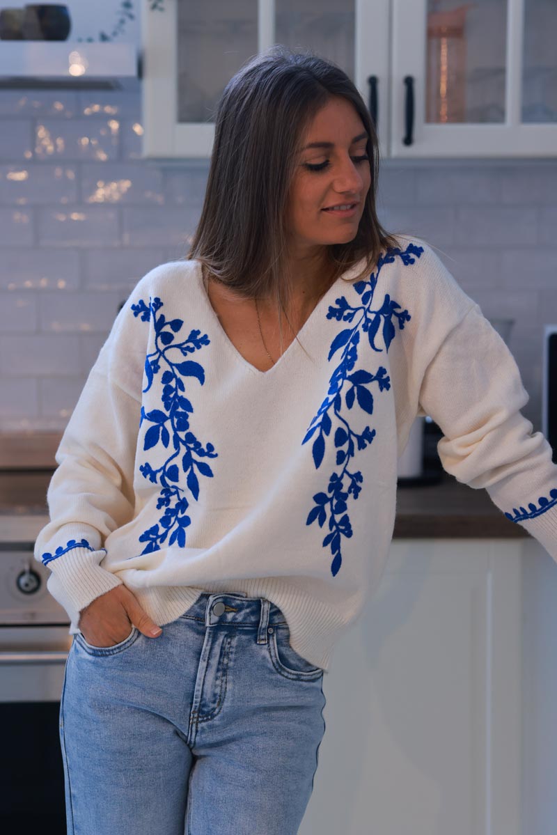 Cream and Blue Vine V-Neck Sweater