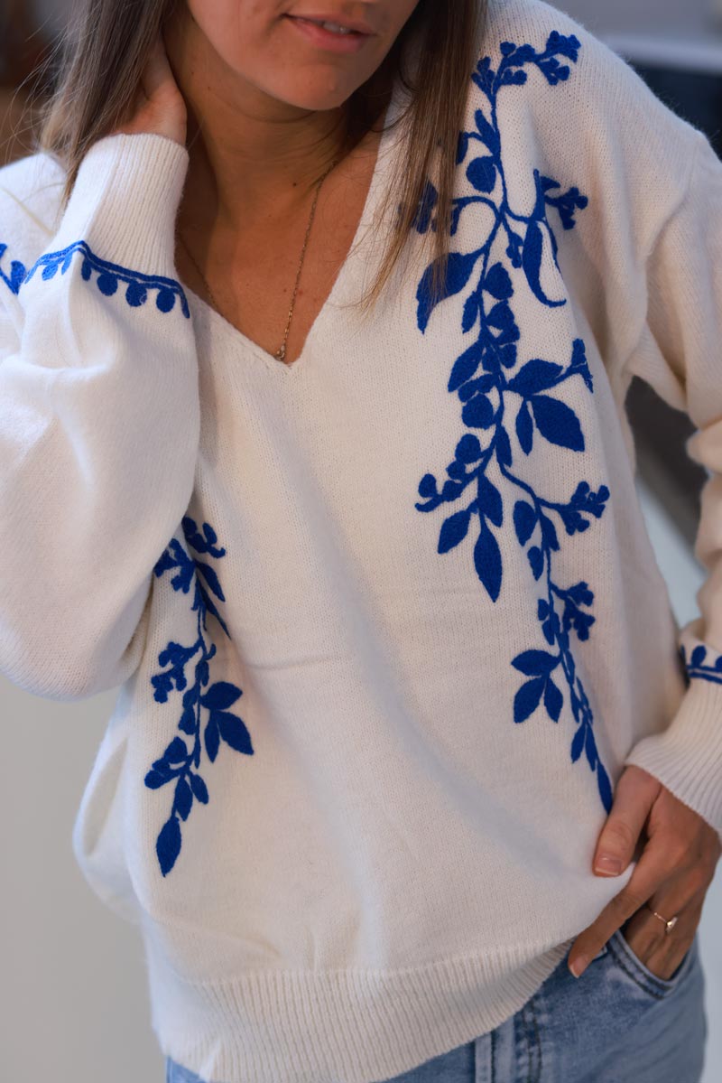 Cream and Blue Vine V-Neck Sweater