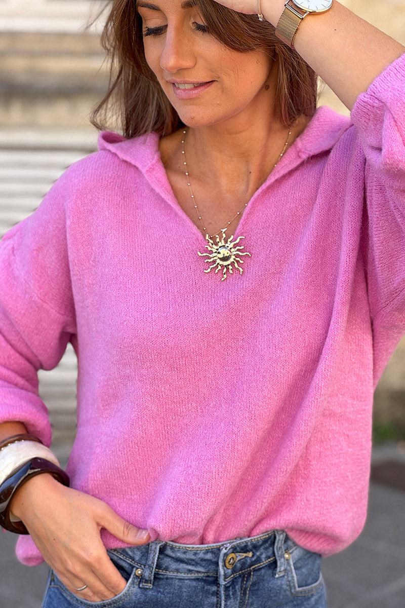 Pull doux et moelleux fuchsia baby alpaga avec col broche soleil dorée