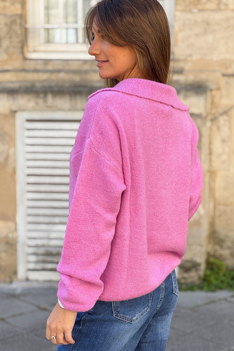 Pull doux et moelleux fuchsia baby alpaga avec col broche soleil dorée