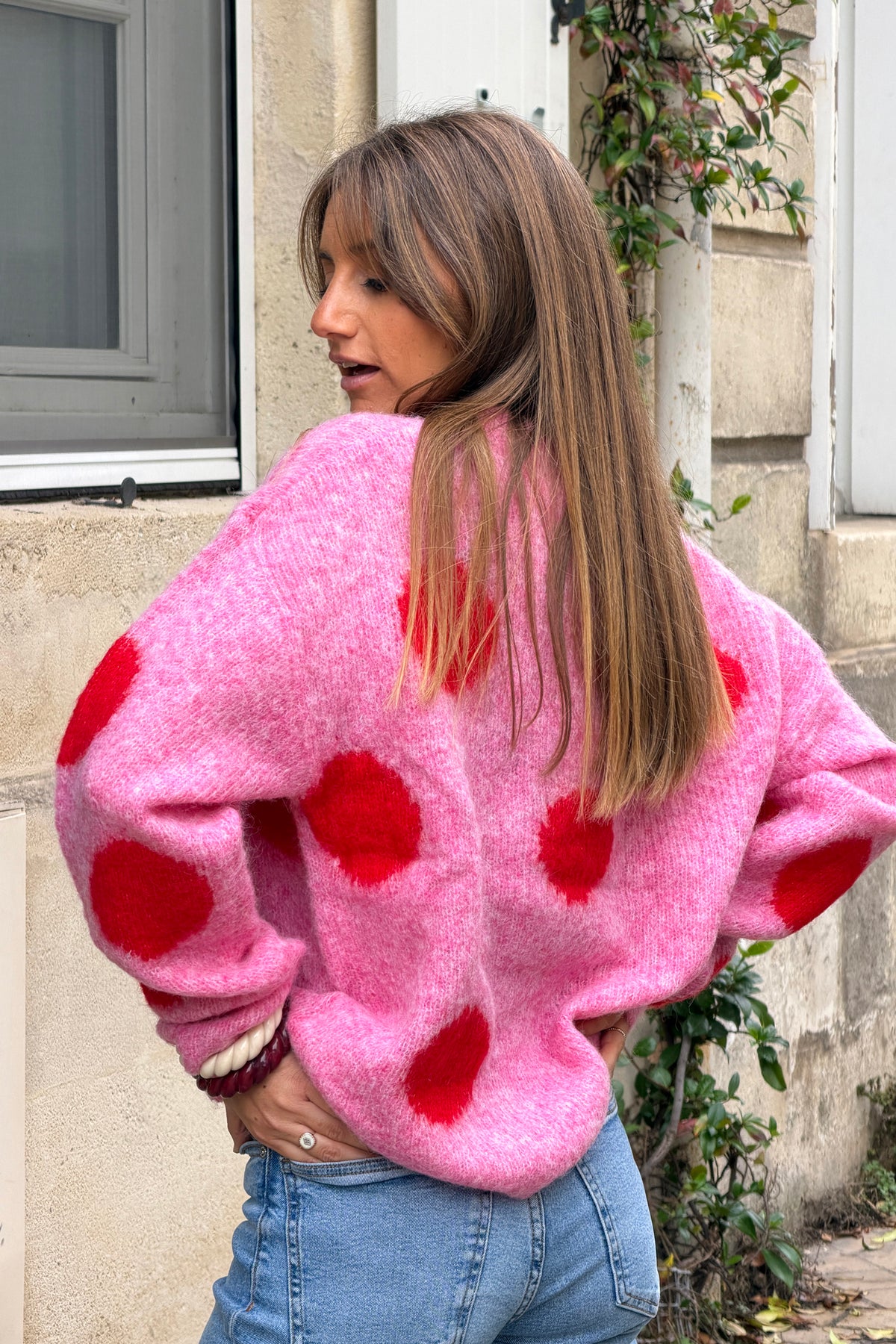 Pink Polka Dot Fuzzy Knit Sweater
