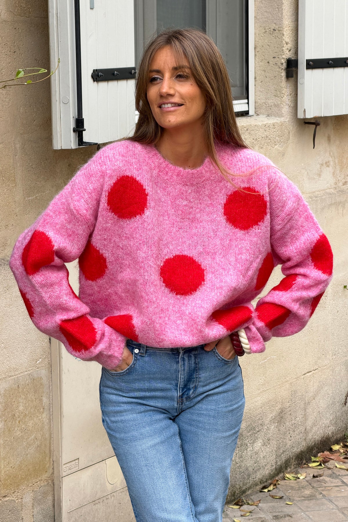 Pink Polka Dot Fuzzy Knit Sweater
