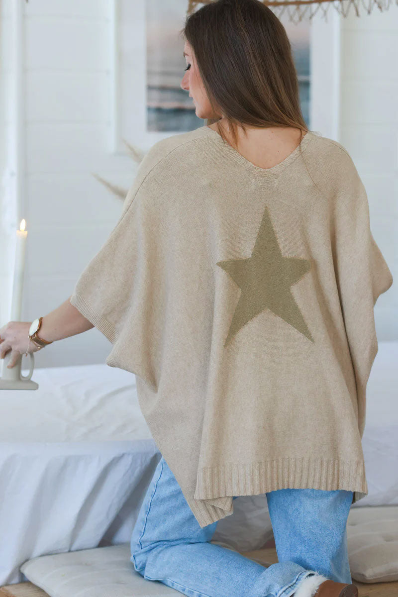 Pull doux oversize beige manches courtes looses étoile brillante dos