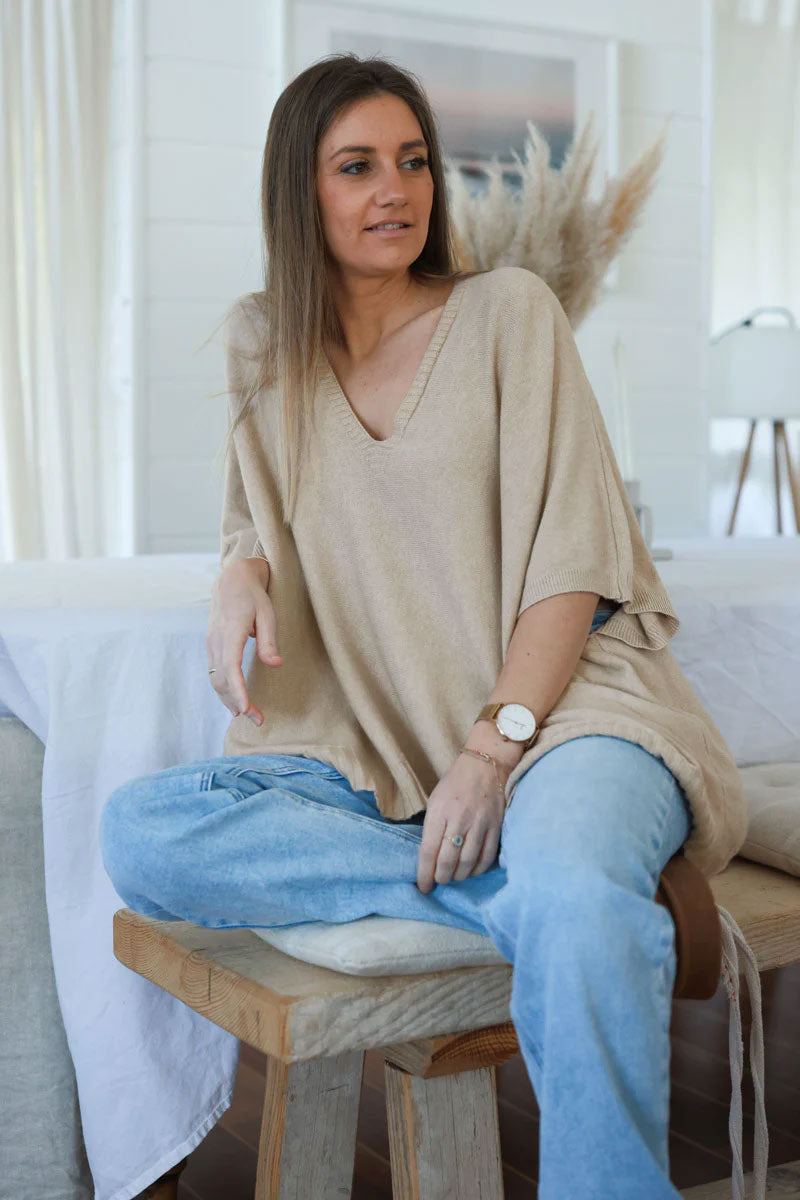 Pull doux oversize beige manches courtes looses étoile brillante dos