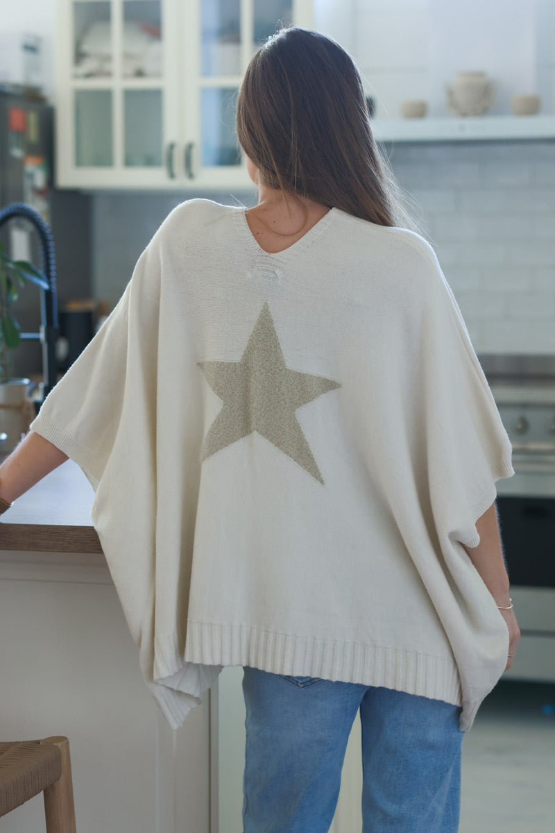 Cream Star Slouchy V-Neck Poncho Sweater