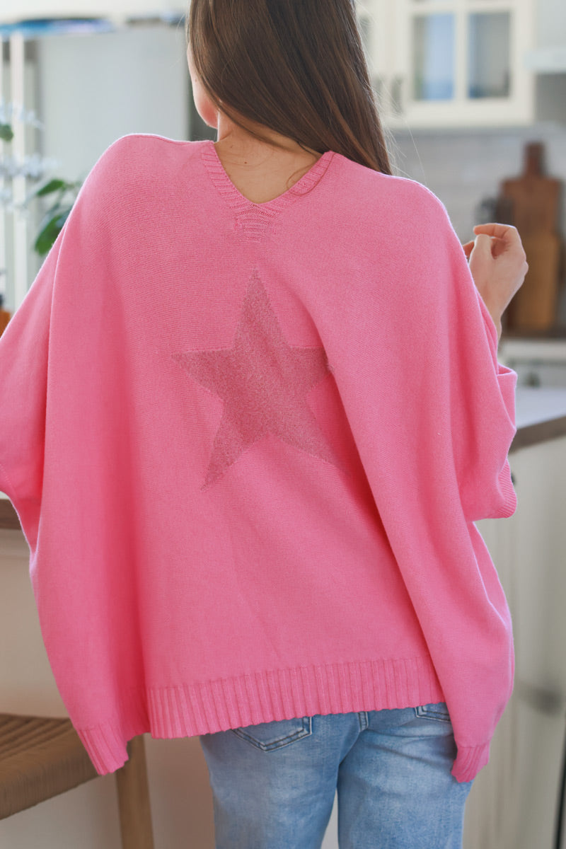 Pull doux oversize rose manches courtes looses étoile brillante dos