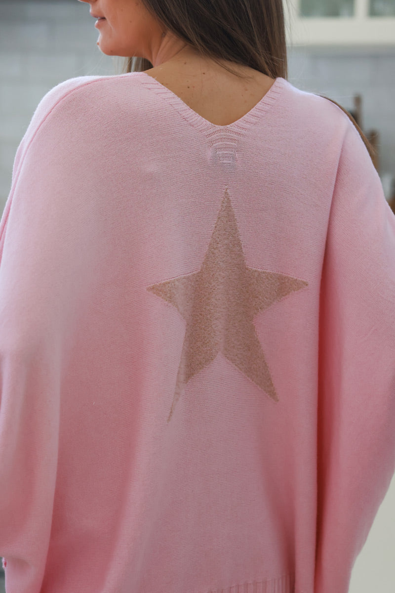 Light Pink Star Slouchy V-Neck Poncho Sweater
