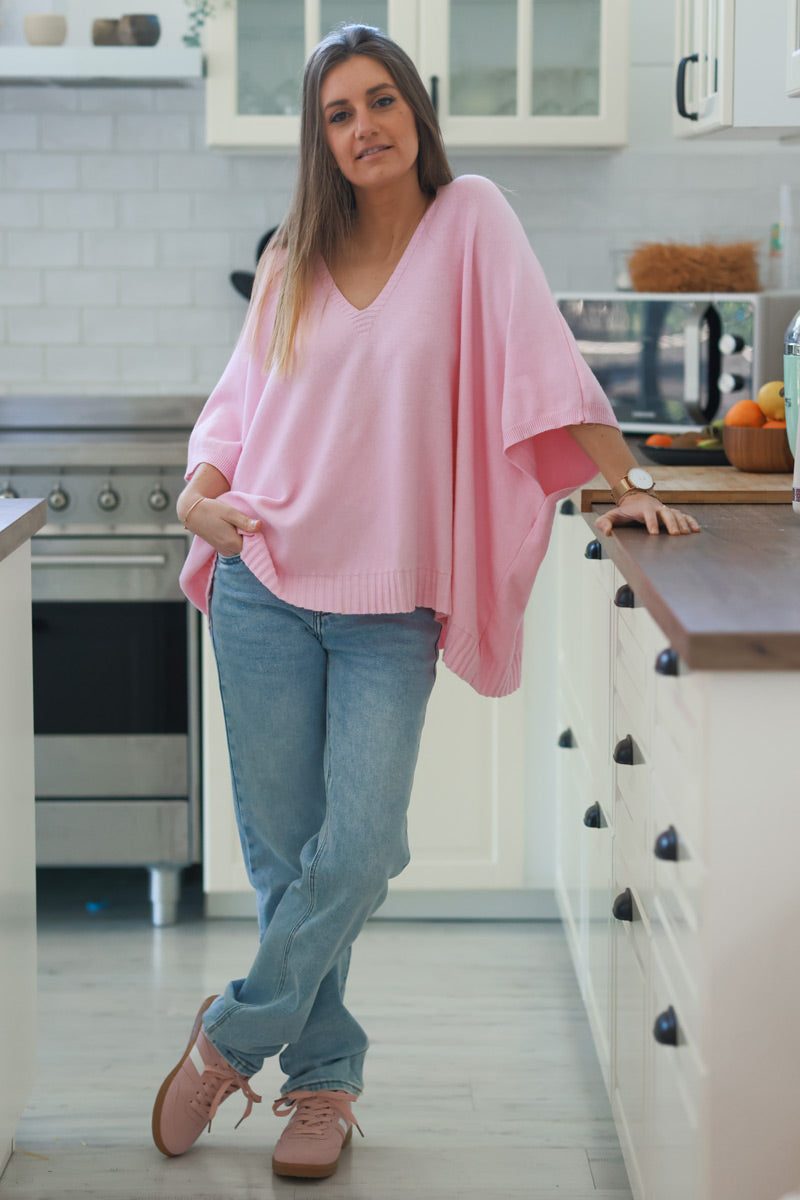 Light Pink Star Slouchy V-Neck Poncho Sweater
