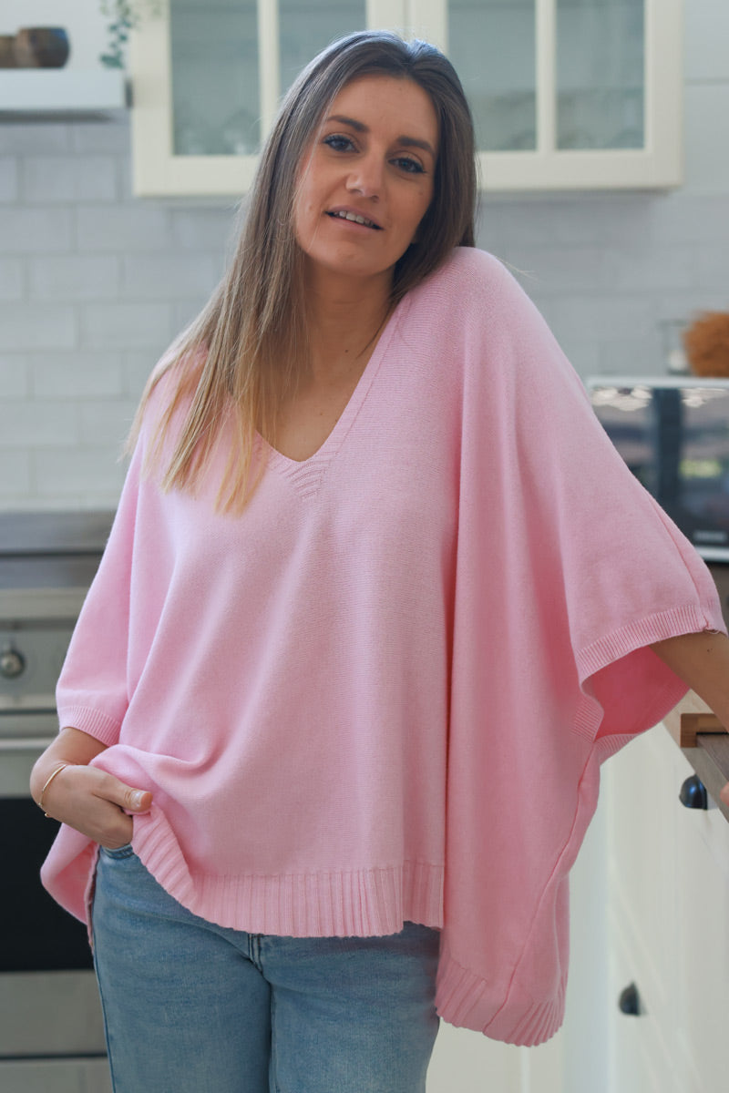 Light Pink Star Slouchy V-Neck Poncho Sweater
